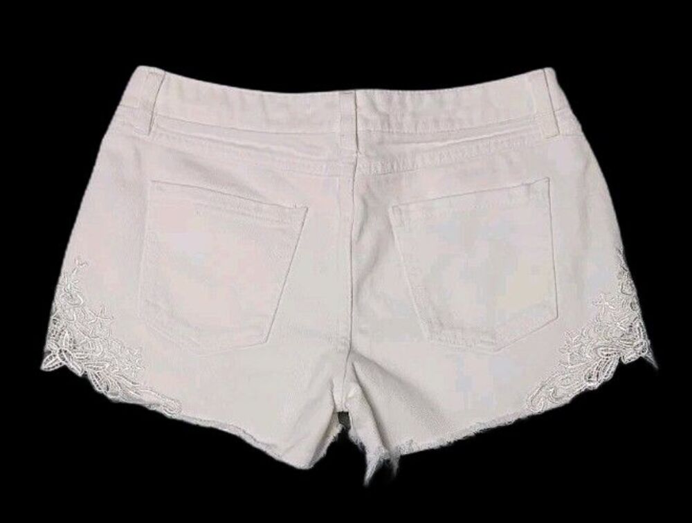 Harper Lace Trim Denim Shorts Womens 25 White Distressed Festival Boho Coquette - Picture 12 of 12
